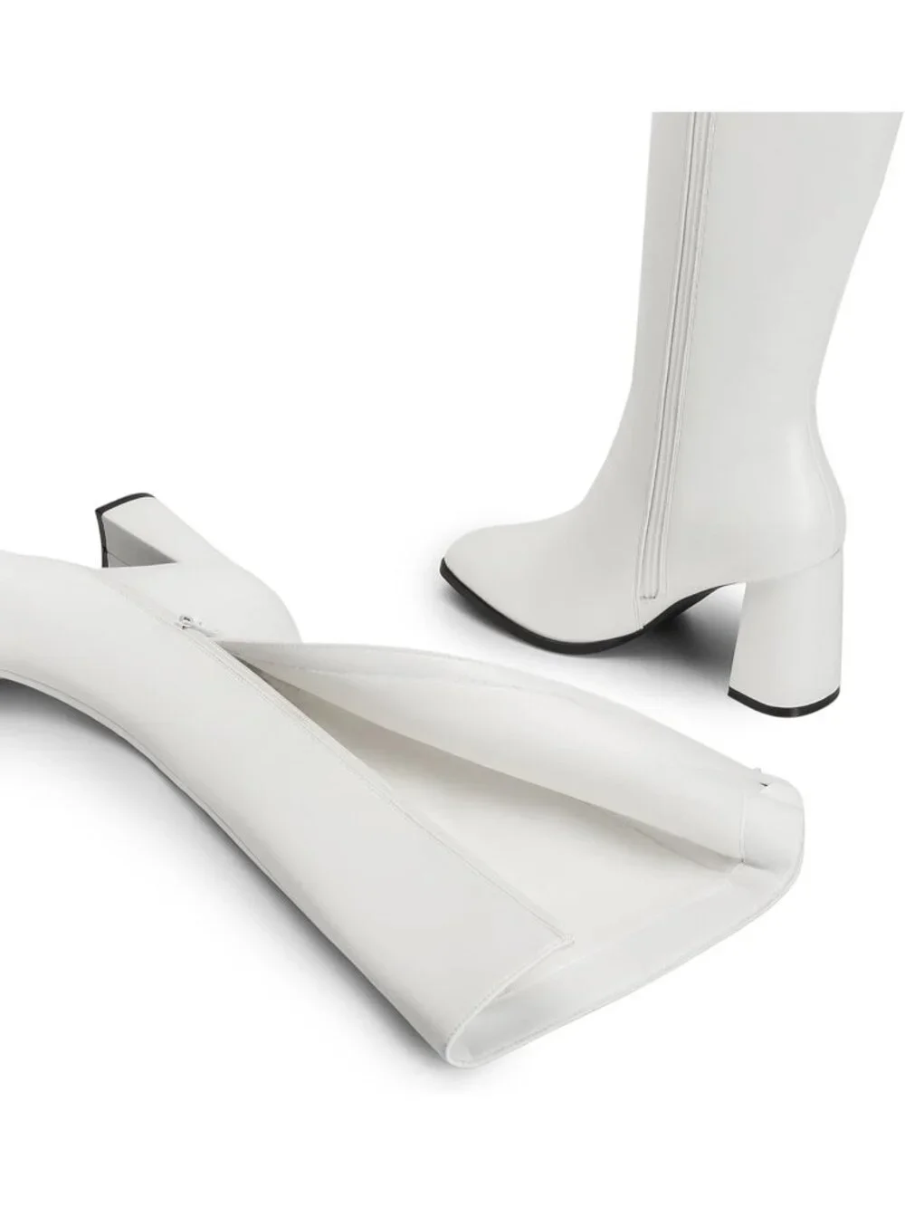 Women's White Pu Chunky Block Heeled Square Toe Side Zipper Knee High Boots